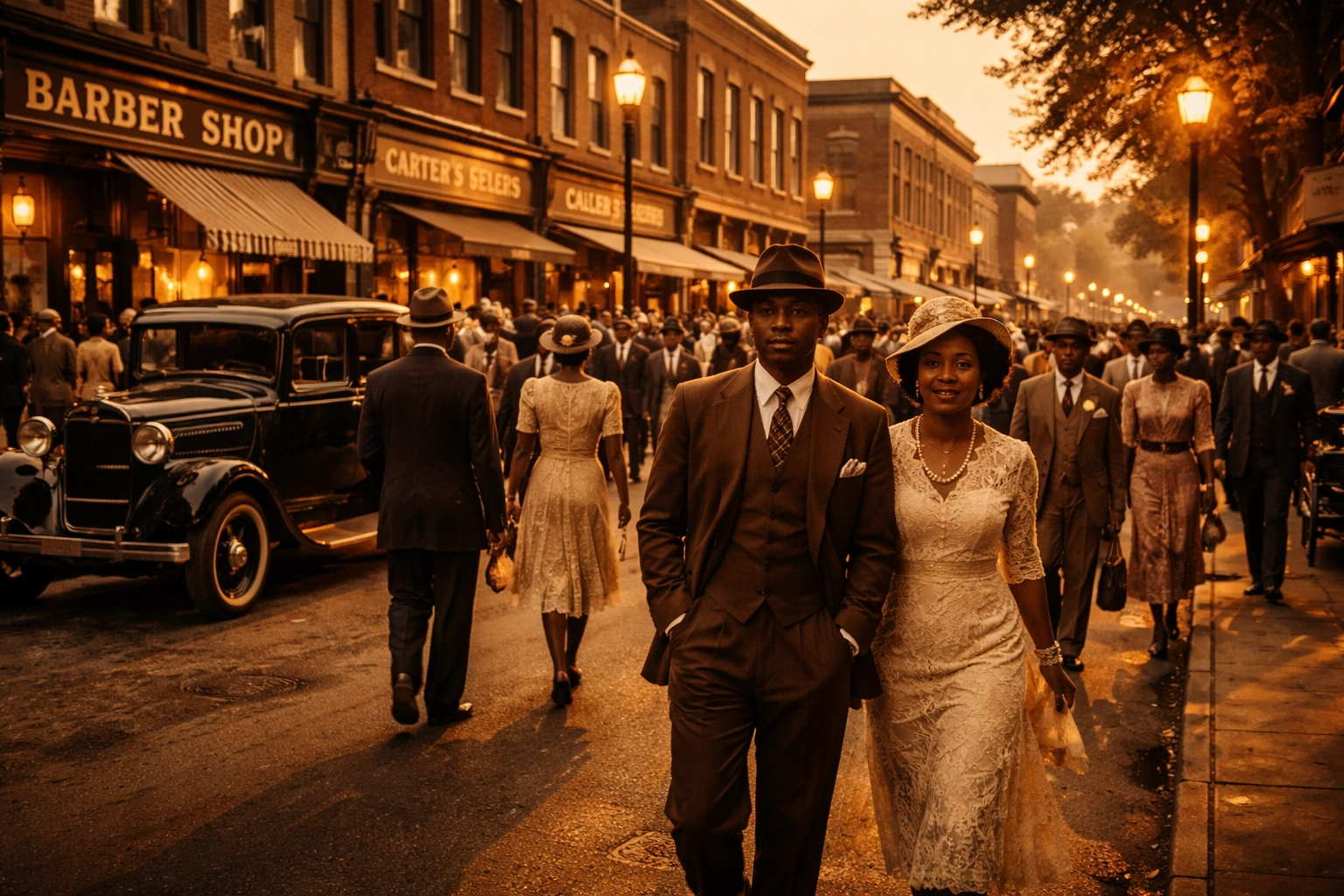 Prosperous early 1900s Black business district street, symbolizing Black Wall Street's economic power and community pride.
