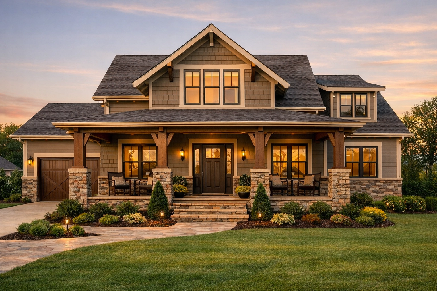 New construction Craftsman home with a manicured lawn in the suburban community of Ooltewah.