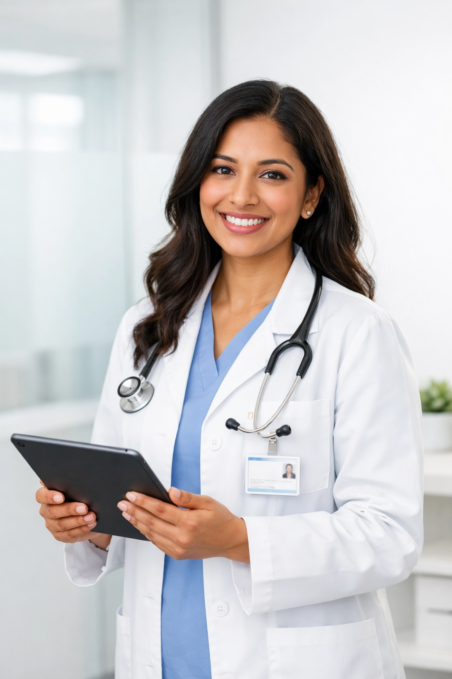 A board-certified online weight loss doctor reviewing patient medical history on a digital tablet.