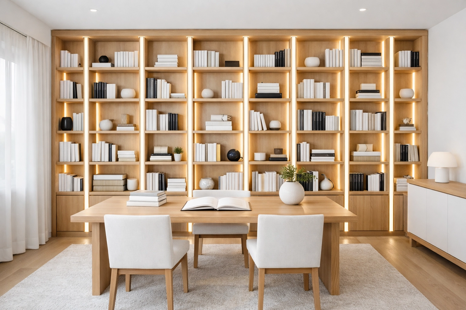 Modern home library with integrated vertical LED lighting in custom shelving.