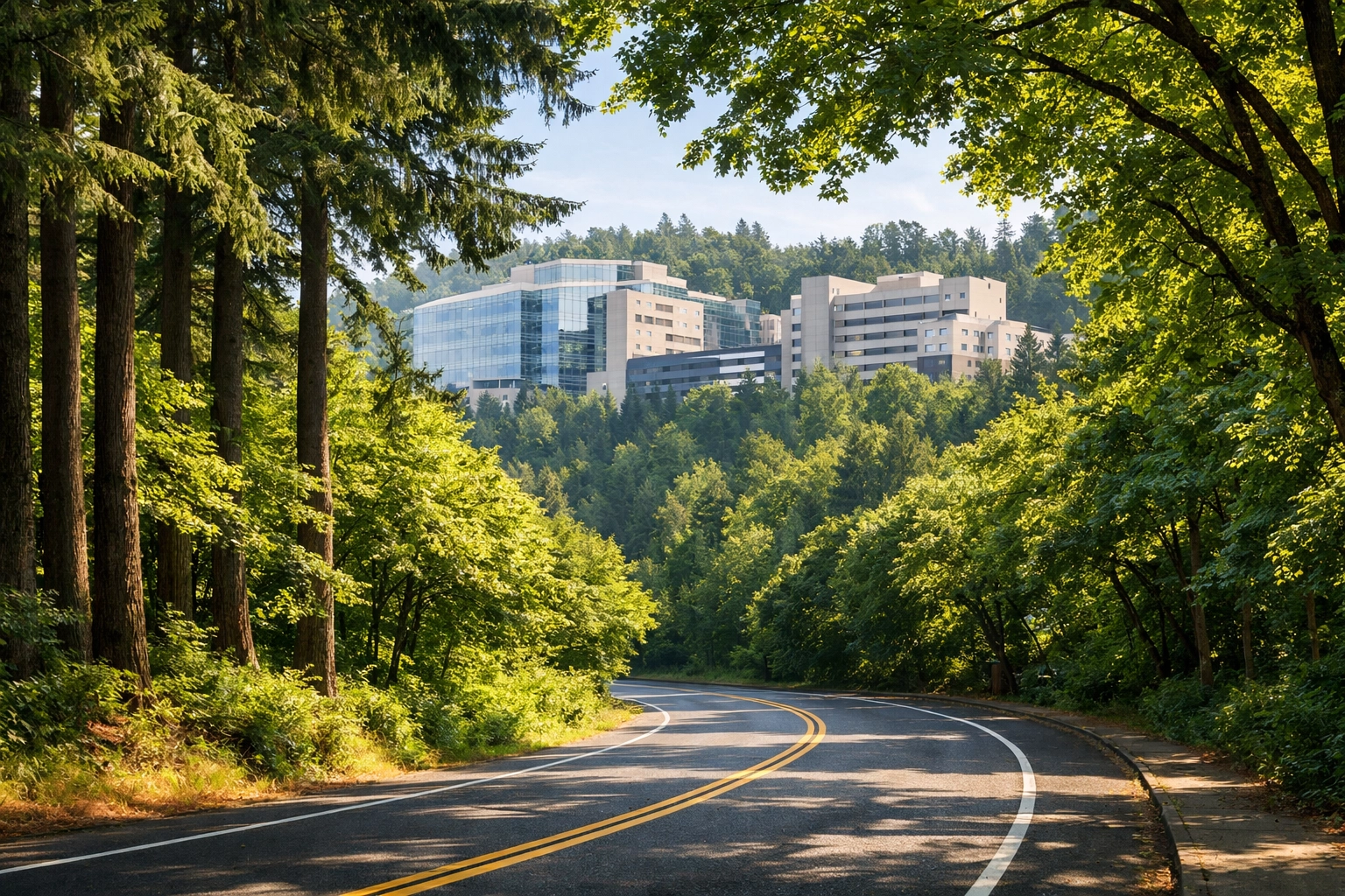 OHSU Marquam Hill campus seen from Terwilliger Boulevard through forest canopy