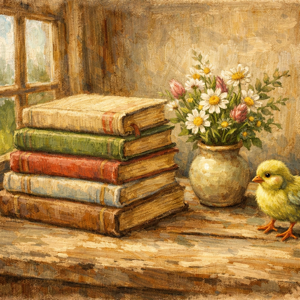 A stack of Tales of Faithful Flock Farm books and a small chick on a rustic table with wildflowers.