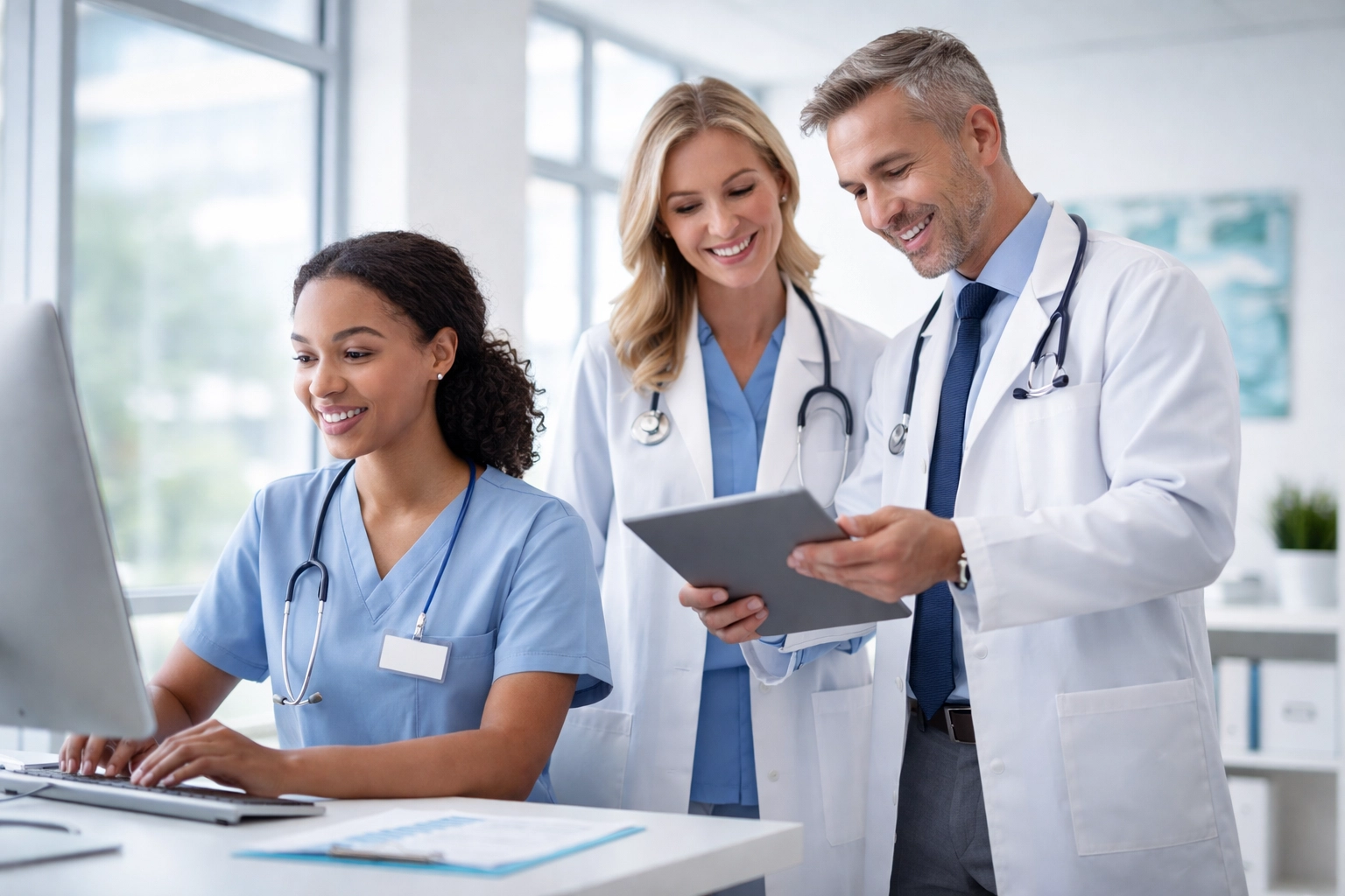Healthcare team collaborating on patient records in a bright clinic, showing improved workflow and documentation efficiency.
