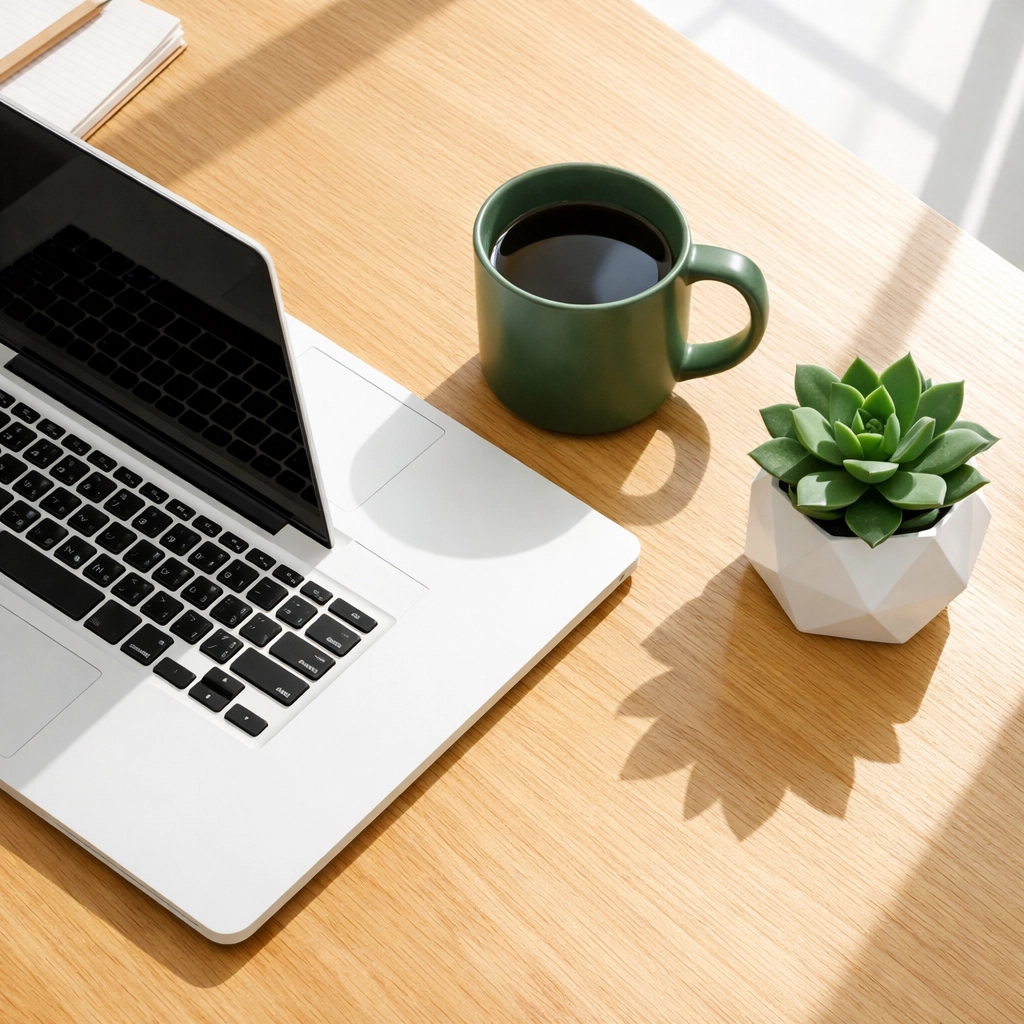 Clean, minimalist desk with a laptop, representing the productivity gained from managed digital business services.