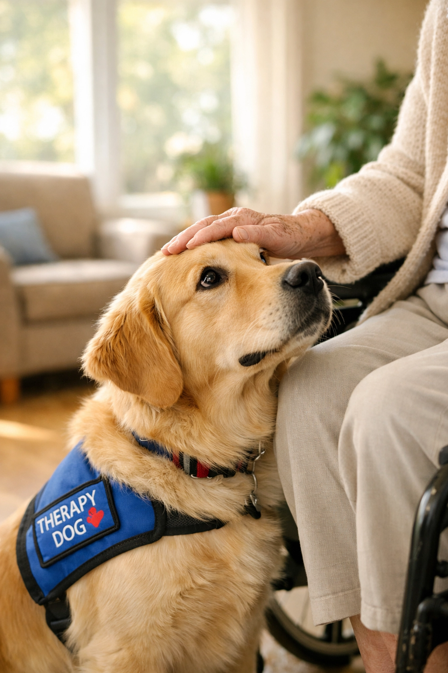 Golden Retriever therapy dog providing comfort to elderly person in care facility