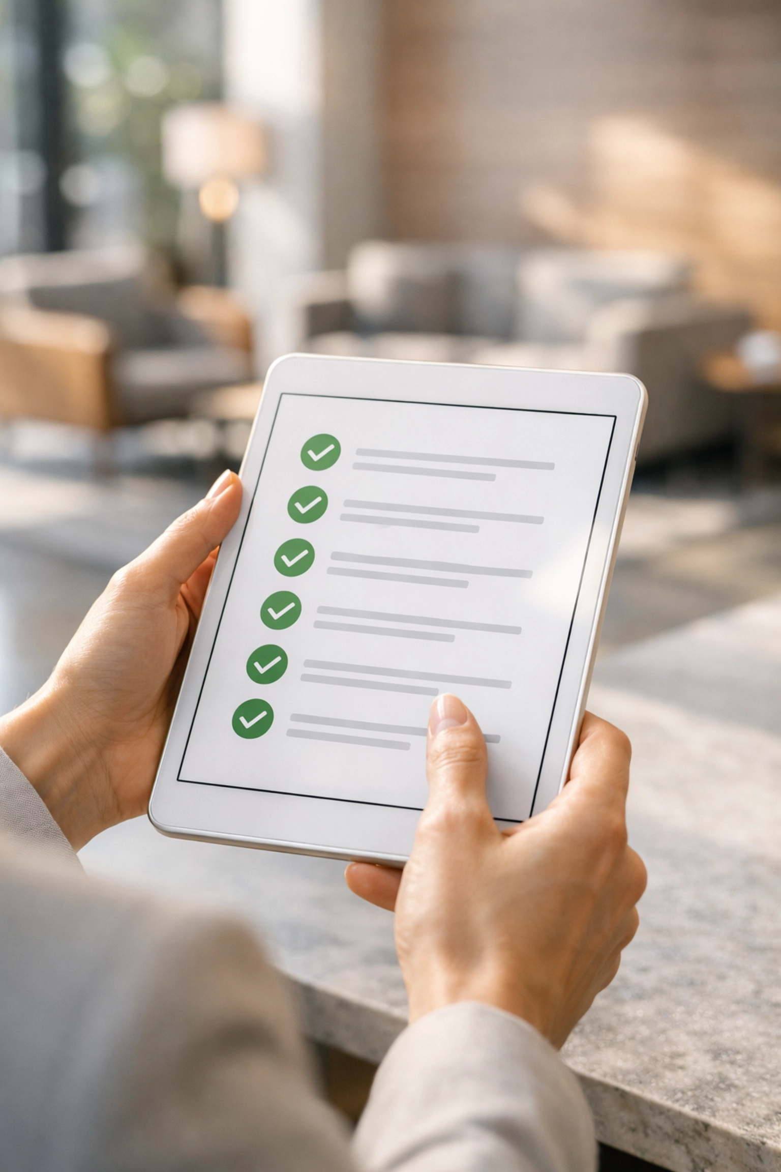 Property manager using a digital checklist on a tablet to track unit turnover status in a modern office.