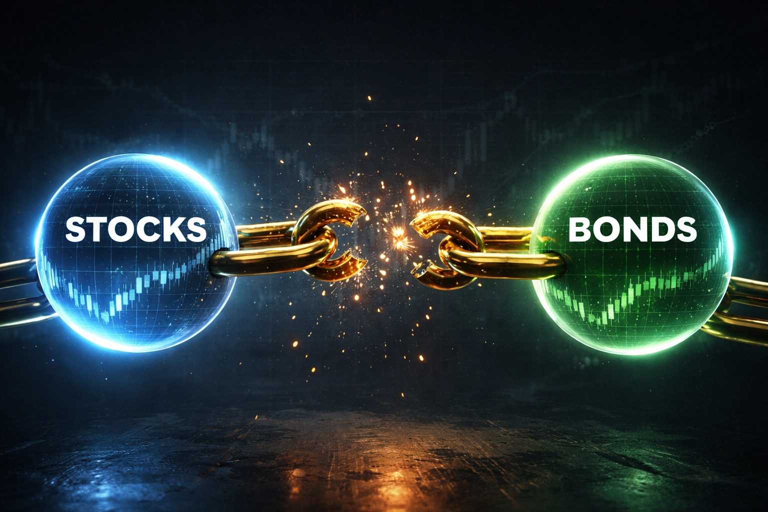 Broken golden chain between floating stocks and bonds spheres highlights failed asset correlation in 60/40 portfolio diversification.