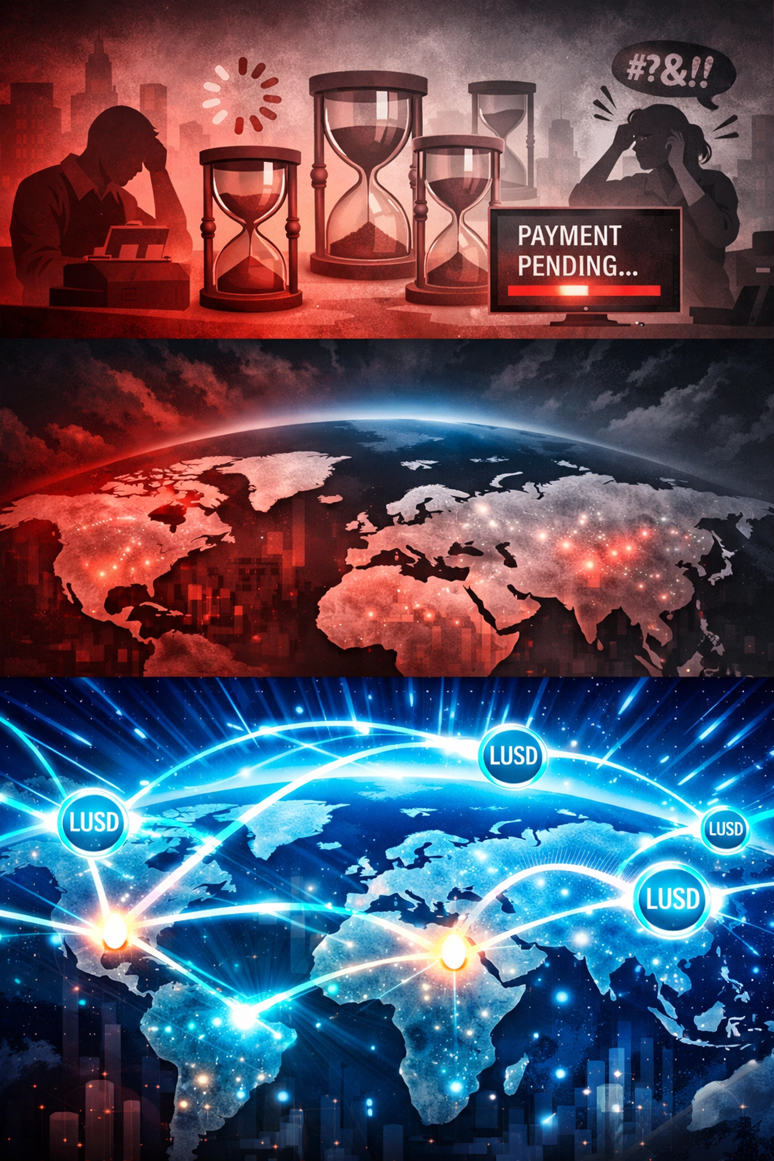 Global payment speed comparison between slow traditional processors and instant LUSD transactions