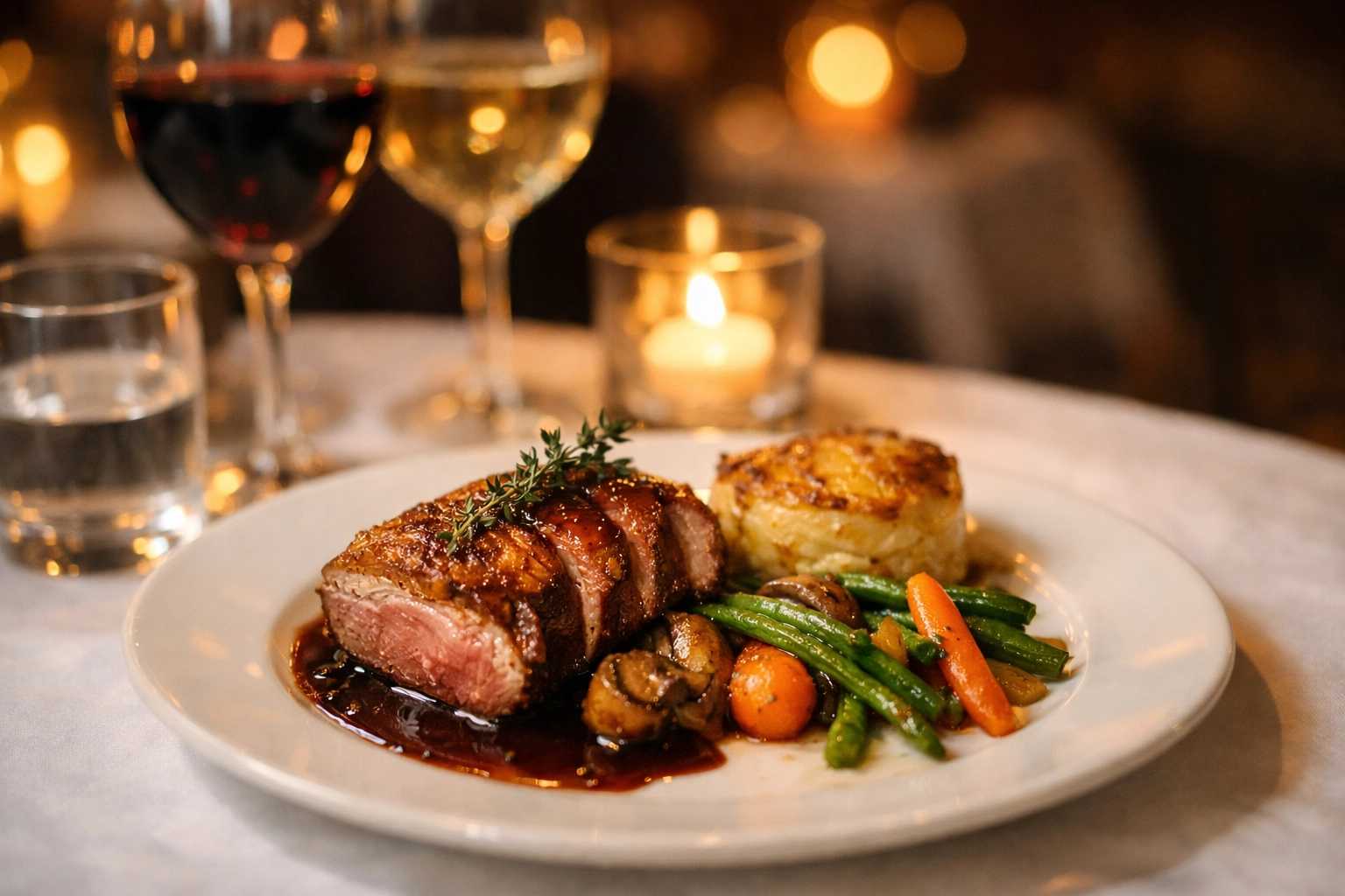 Elegant French dinner plate with candlelight at romantic Boise restaurant for Valentine's Day