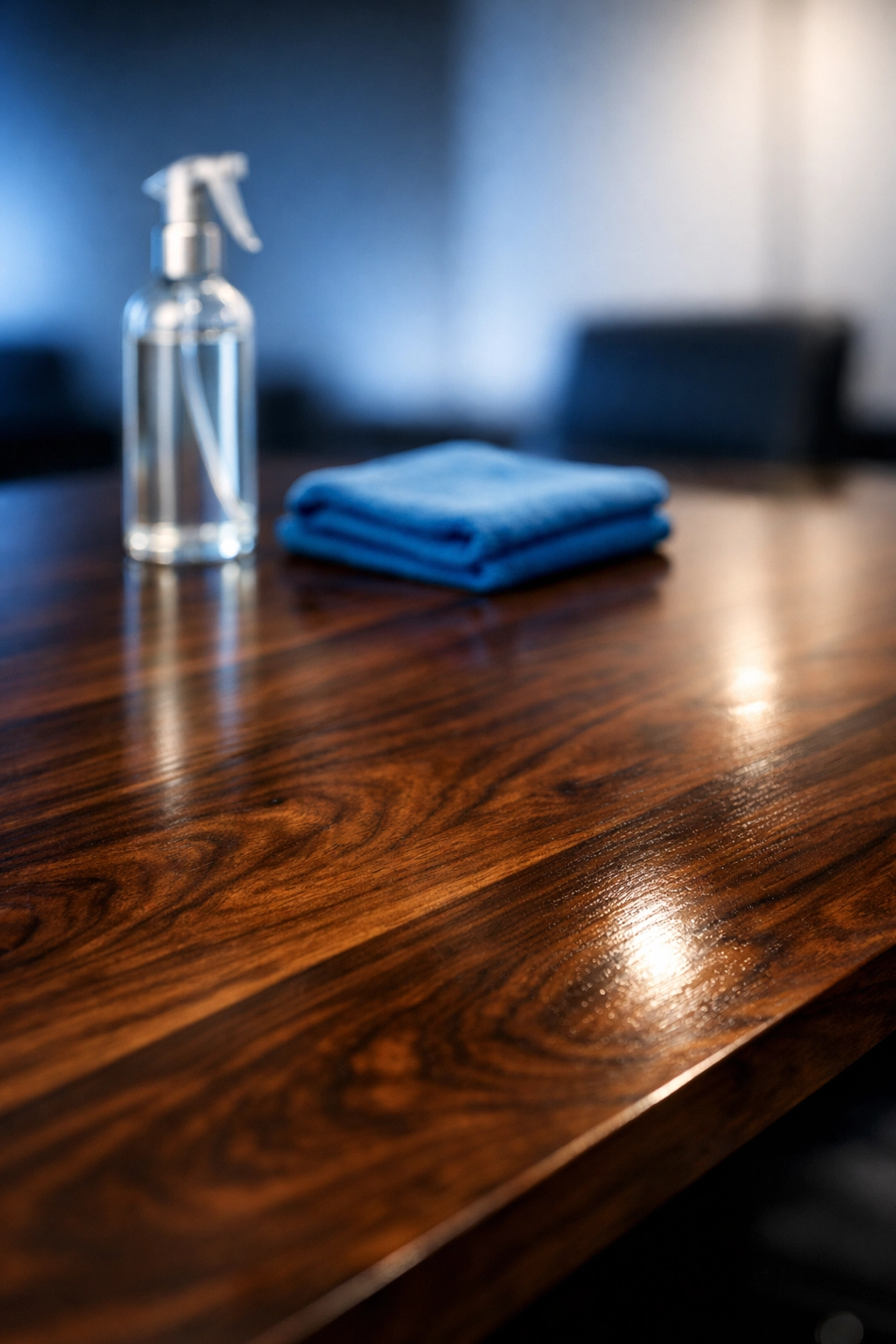 Professional Worcester office cleaning using specialized products on a polished hardwood conference table.