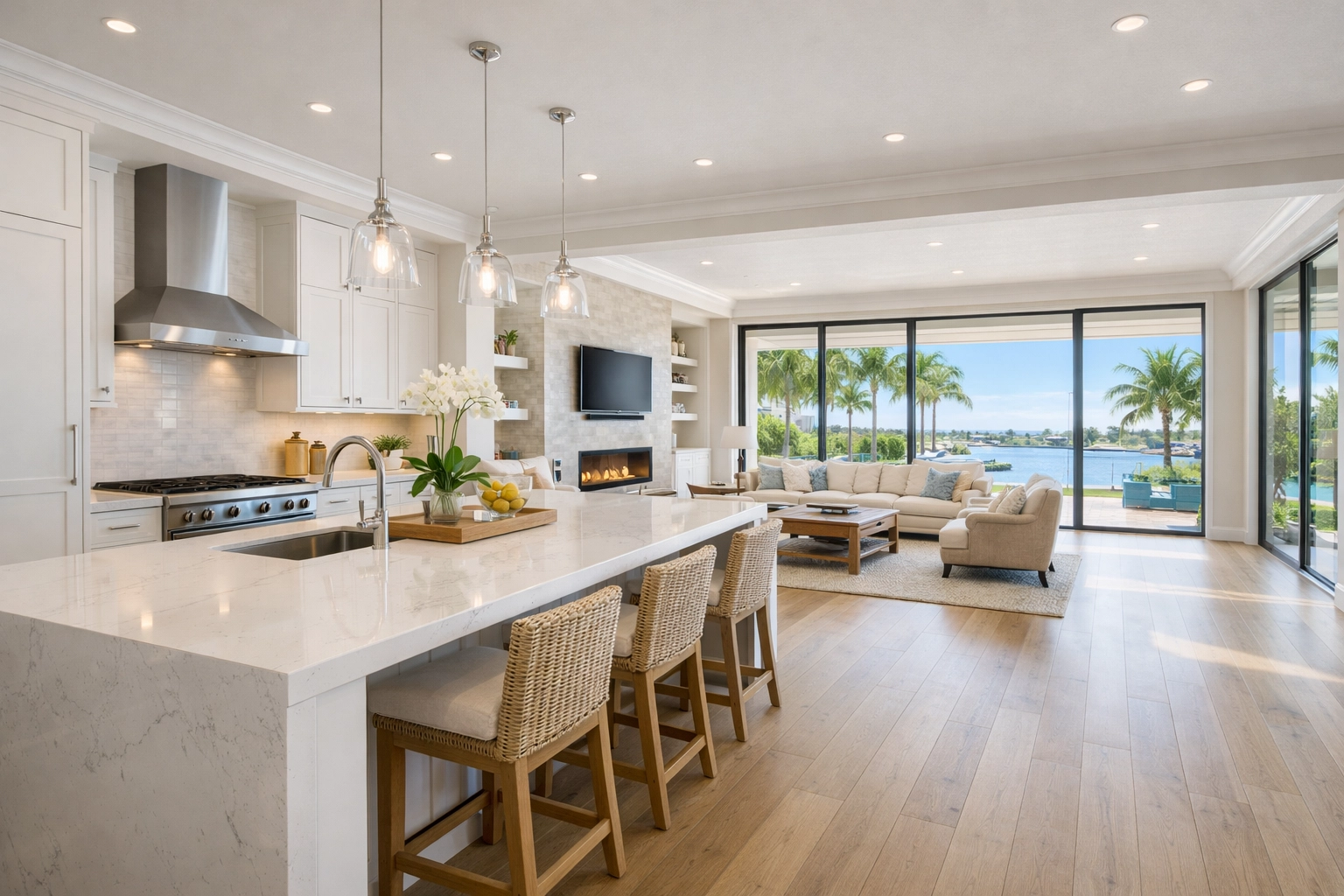 Luxury open-concept home renovation in Orlando featuring a bright, modern kitchen and spacious living area.