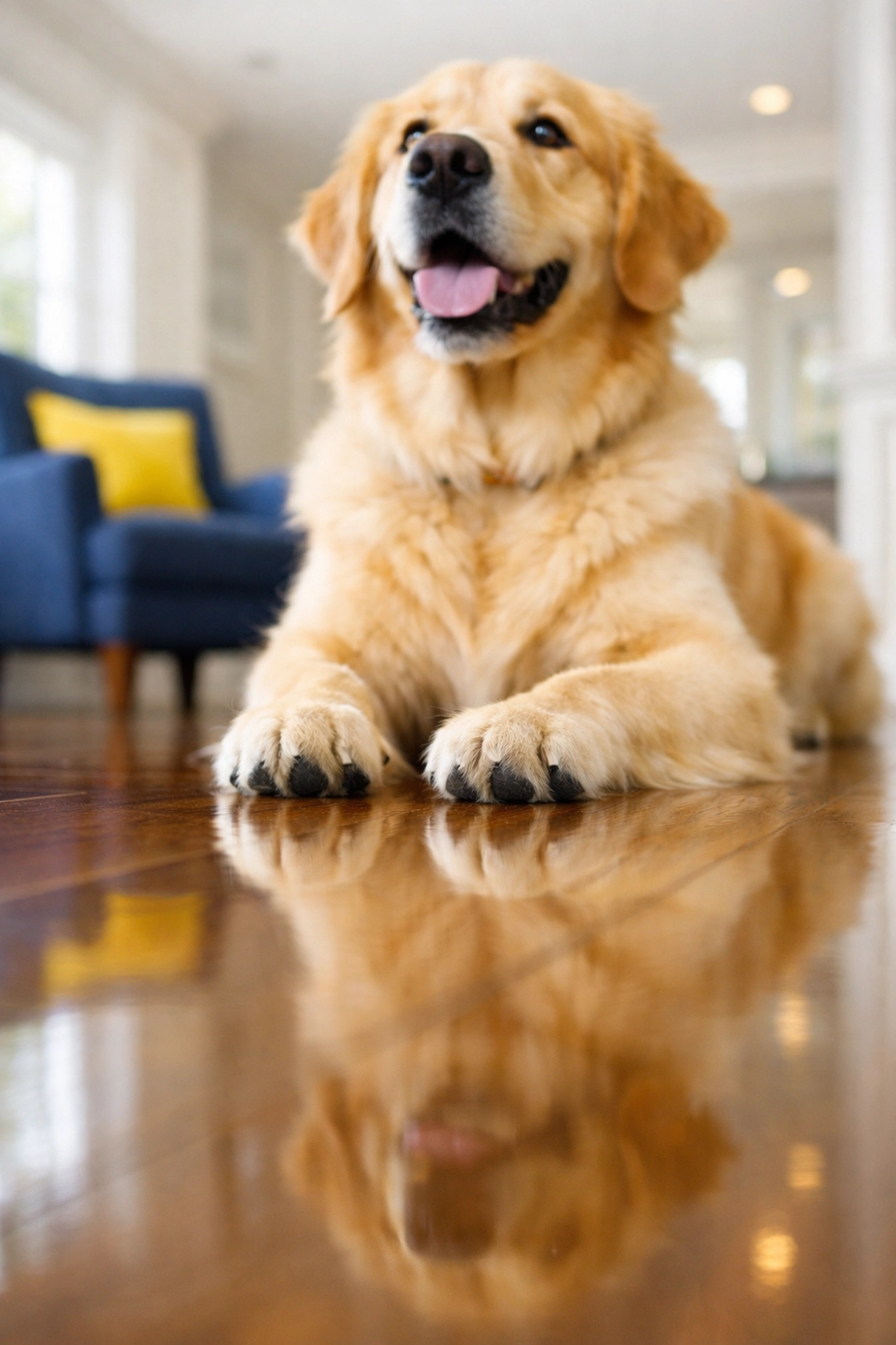 Golden Retriever sitting on clean, pet-safe hardwood floors in a Wellesley, Massachusetts home.