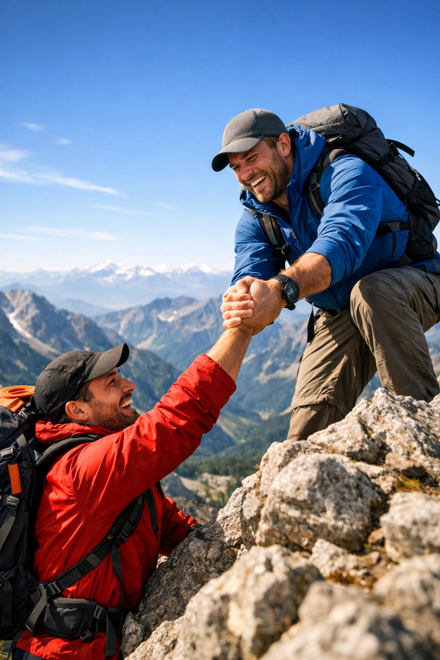 Two male hikers reaching mountain summit together - outdoor adventure in gay romance