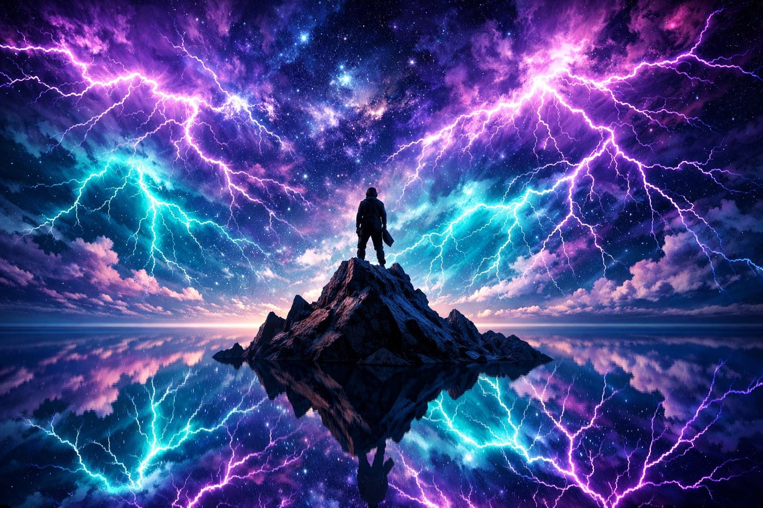 Person standing on a peak under an electric sky, representing nervous system regulation and success.