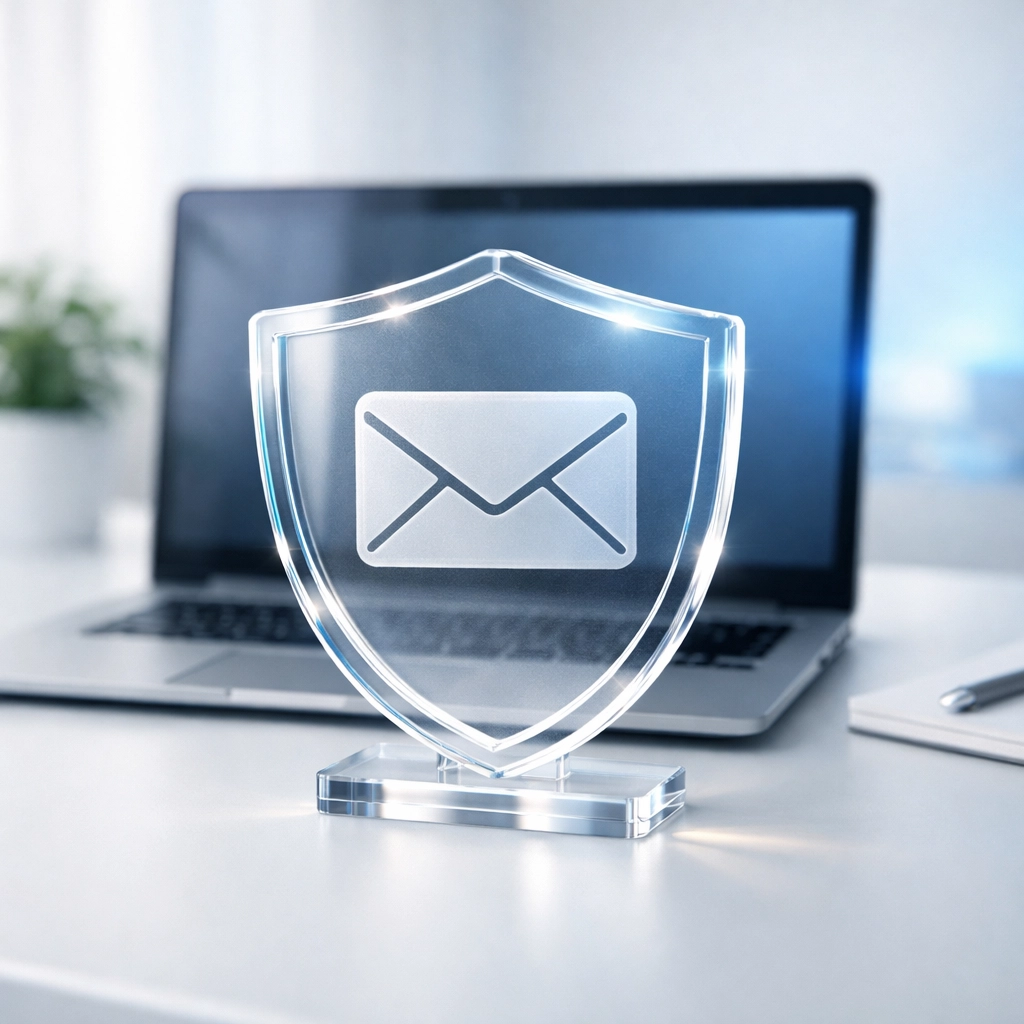 Shield protecting laptop symbolizing email security filters blocking hackers and phishing attacks
