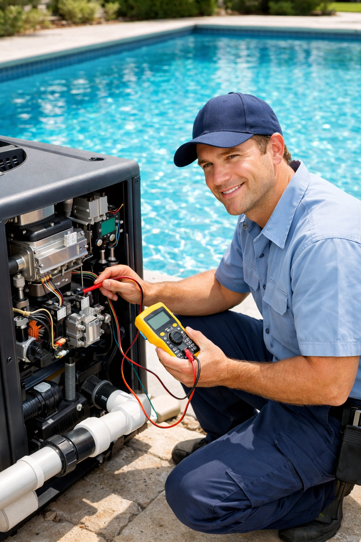 Professional technician performing pool heater repair diagnosis with testing equipment
