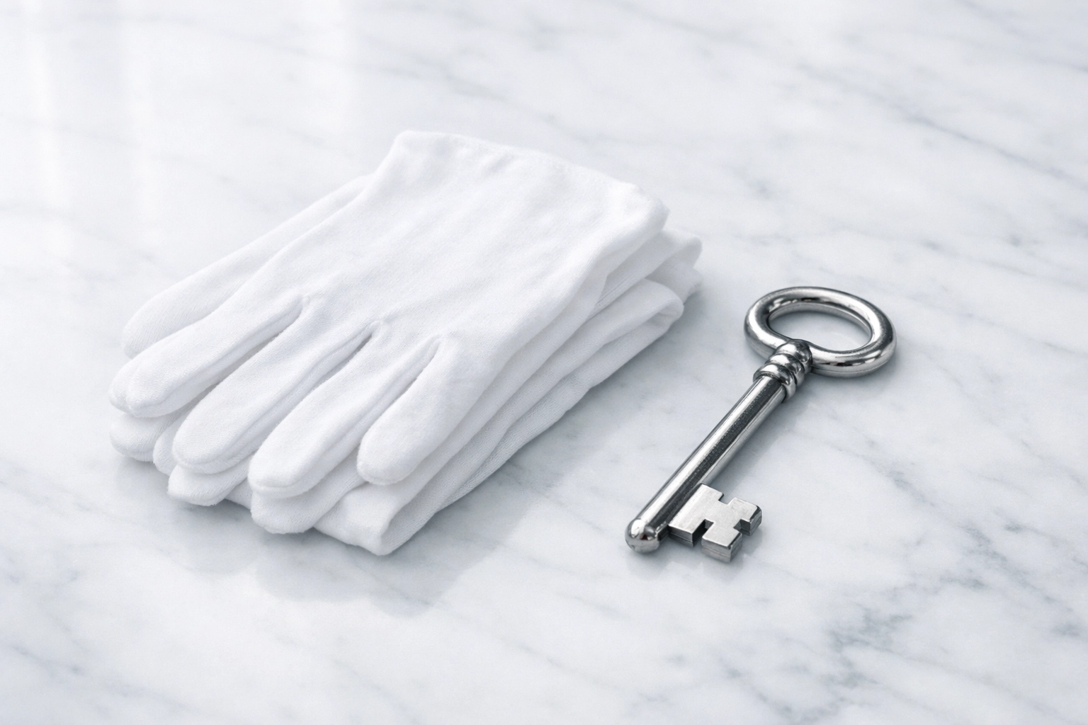 White jeweler's gloves and a silver key symbolizing the security of buying a pre-owned Rolex online.