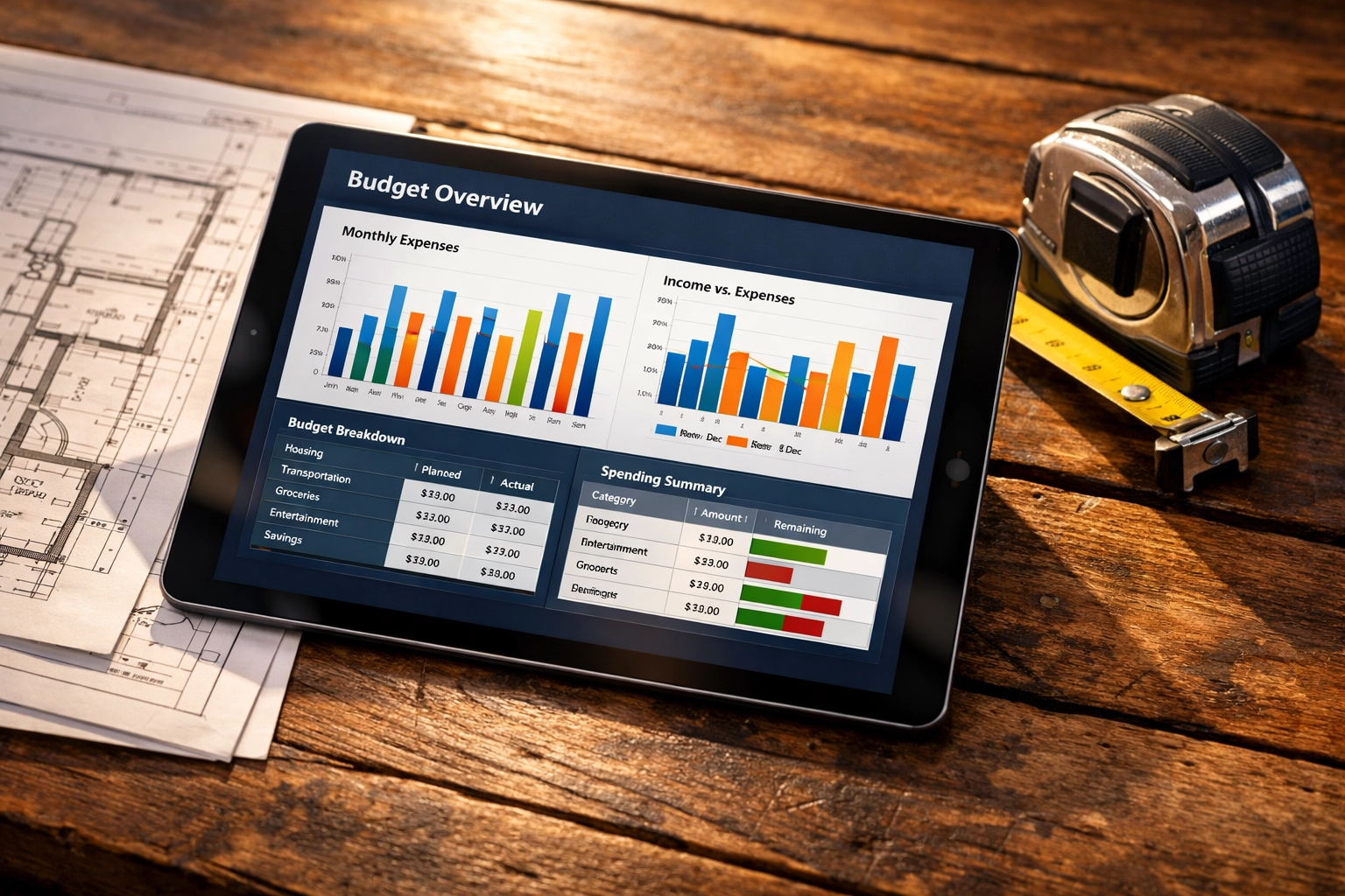 Digital tablet showing house flipping budget spreadsheets and property renovation blueprints.