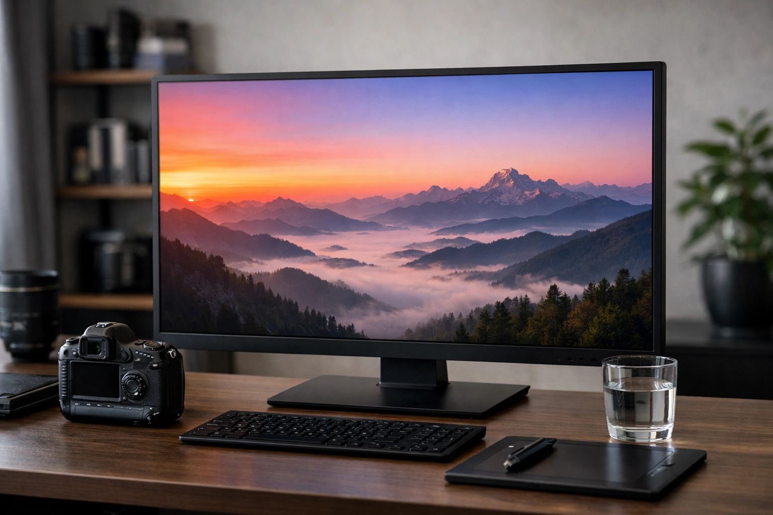 High-detail landscape on a professional monitor showing superior image quality after file compression.