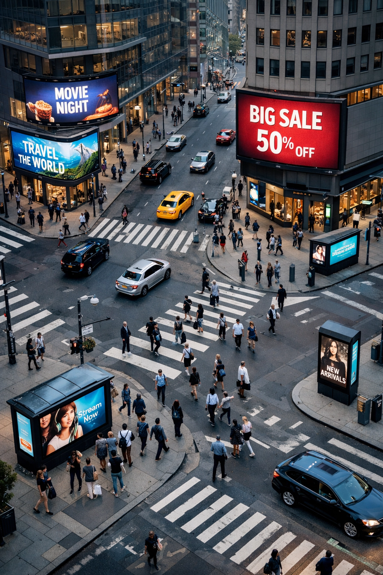 Aerial view of urban DOOH advertising network with digital screens at city intersection