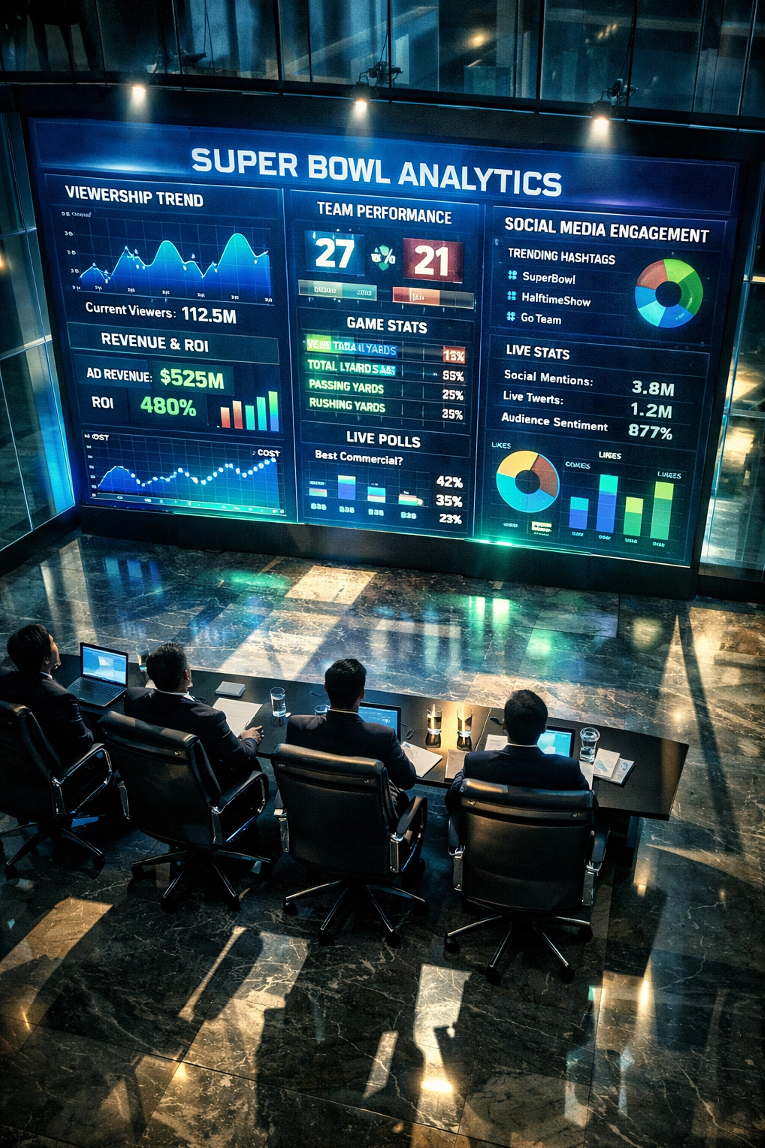 Corporate boardroom displaying Super Bowl ROI analytics dashboard with marketing metrics and data