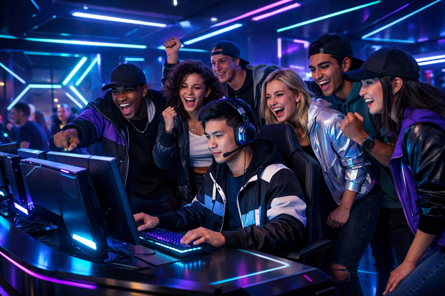 Diverse Gen Z gamers building community around high-tech EsportsPod stations in a futuristic social environment.