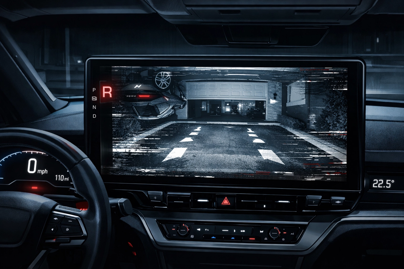 Illustration of a Ford SUV infotainment screen showing an inverted rearview camera image during a safety recall.