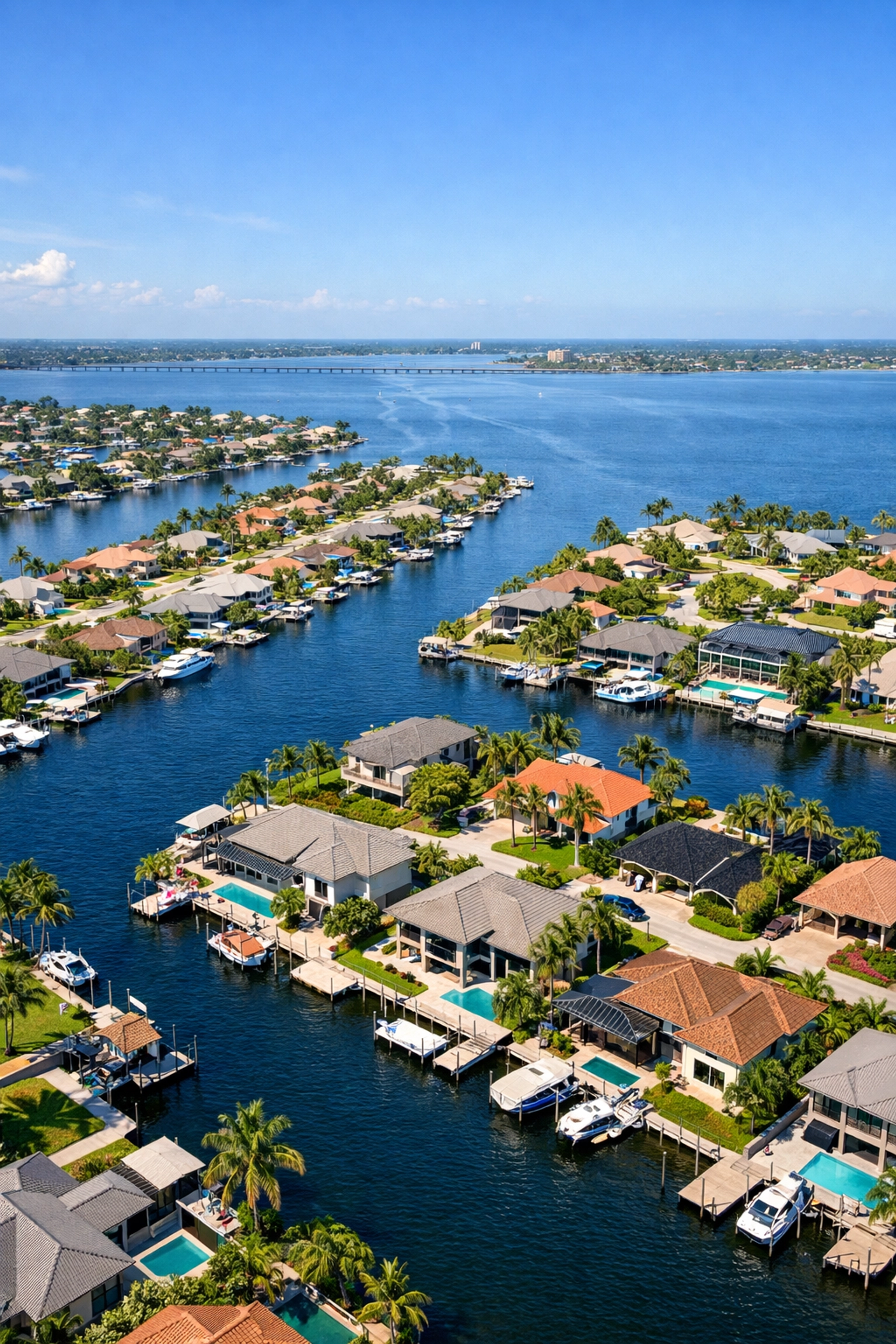 Aerial drone view of Cape Coral waterfront homes and canal systems connecting to the river.