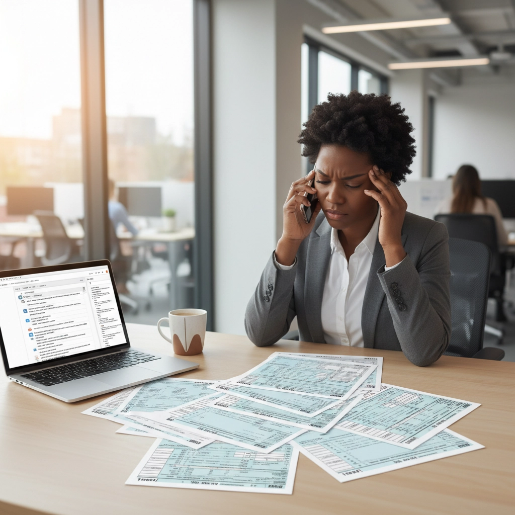A stressed business woman sitting at a desk with scattered tax forms, rubbing her temples while talking on a smartphone in a bright office.