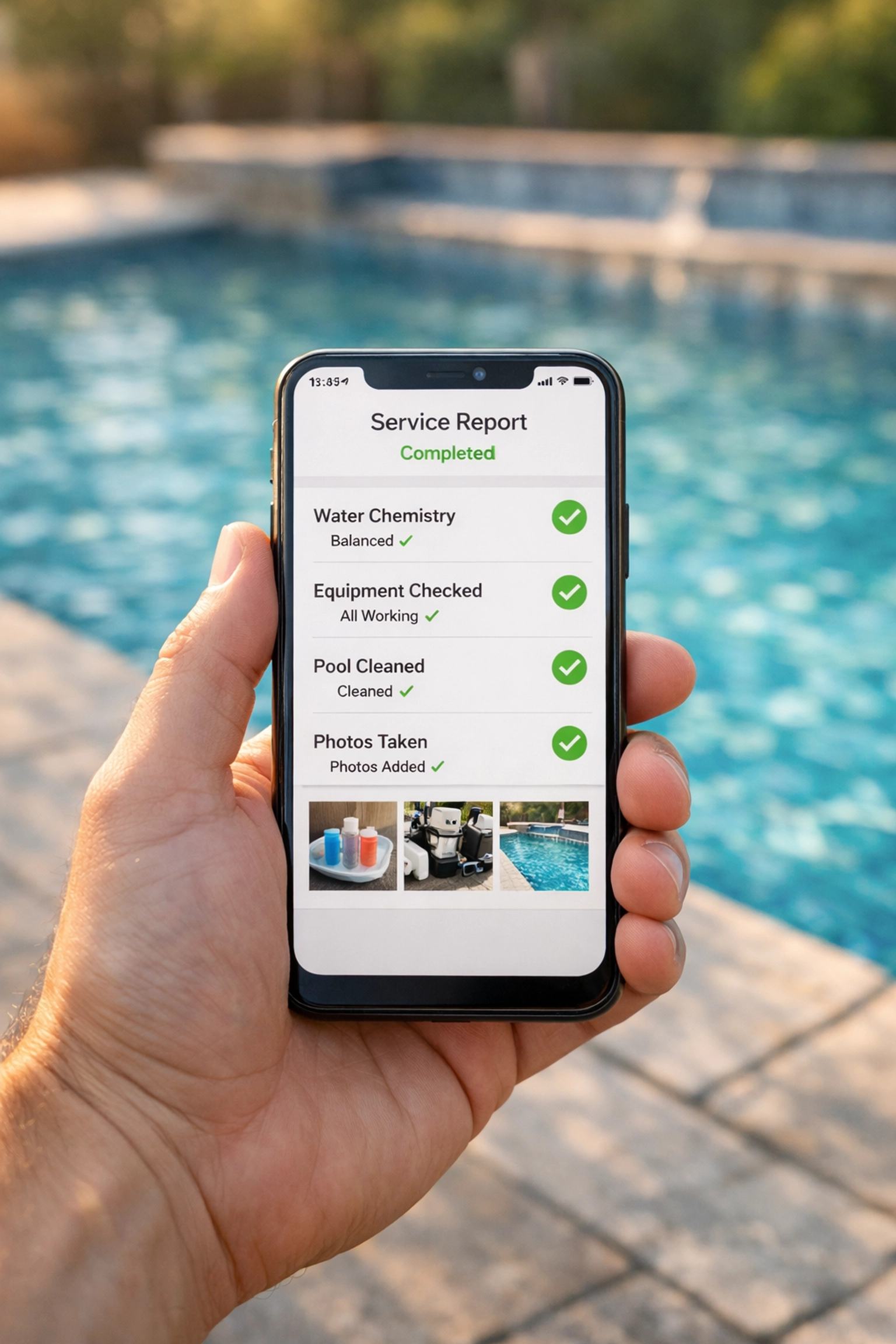 Digital weekly pool service report on a smartphone ensuring transparent communication and trust.