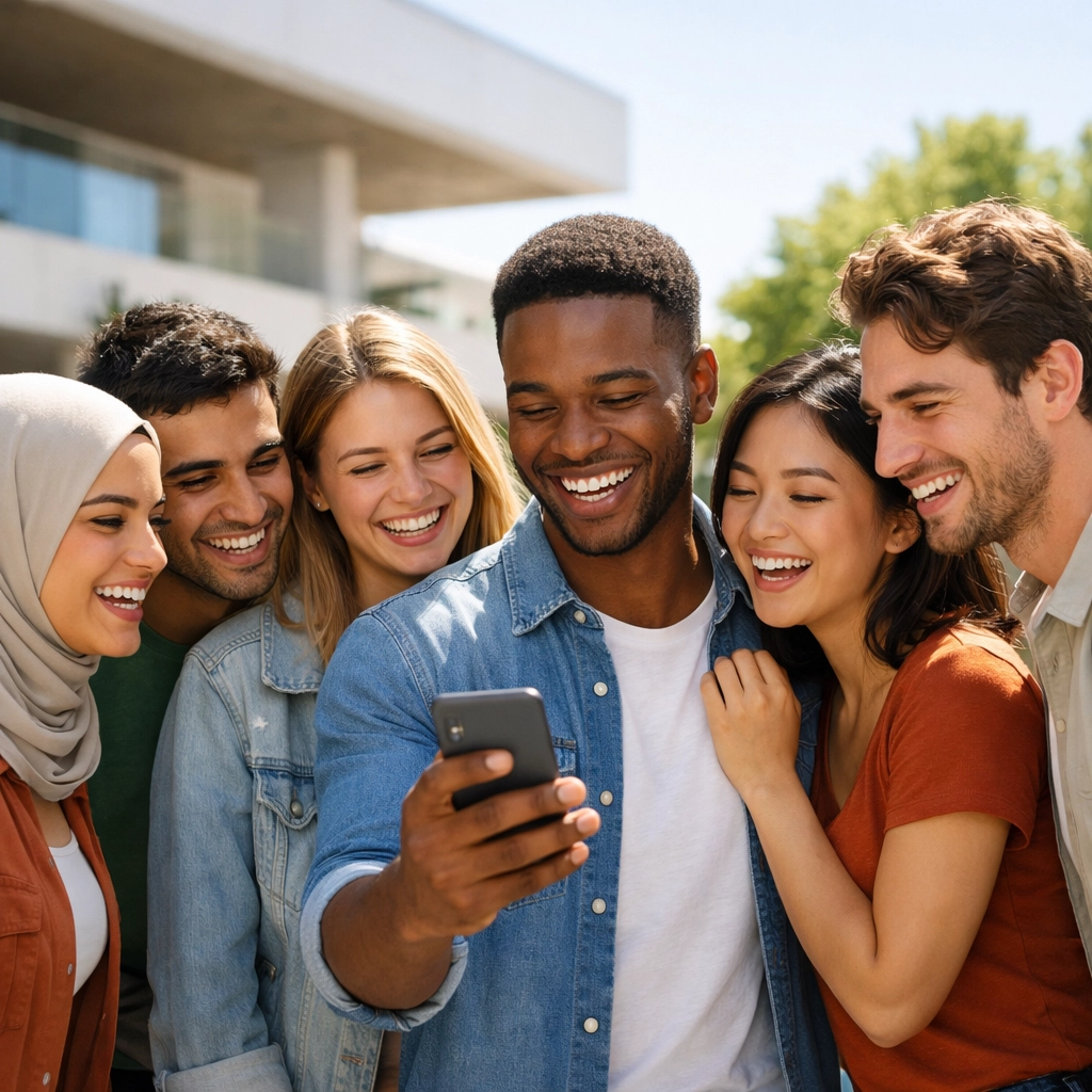 Diverse group using a smartphone for transparent social media presence during uscis vetting 2026.