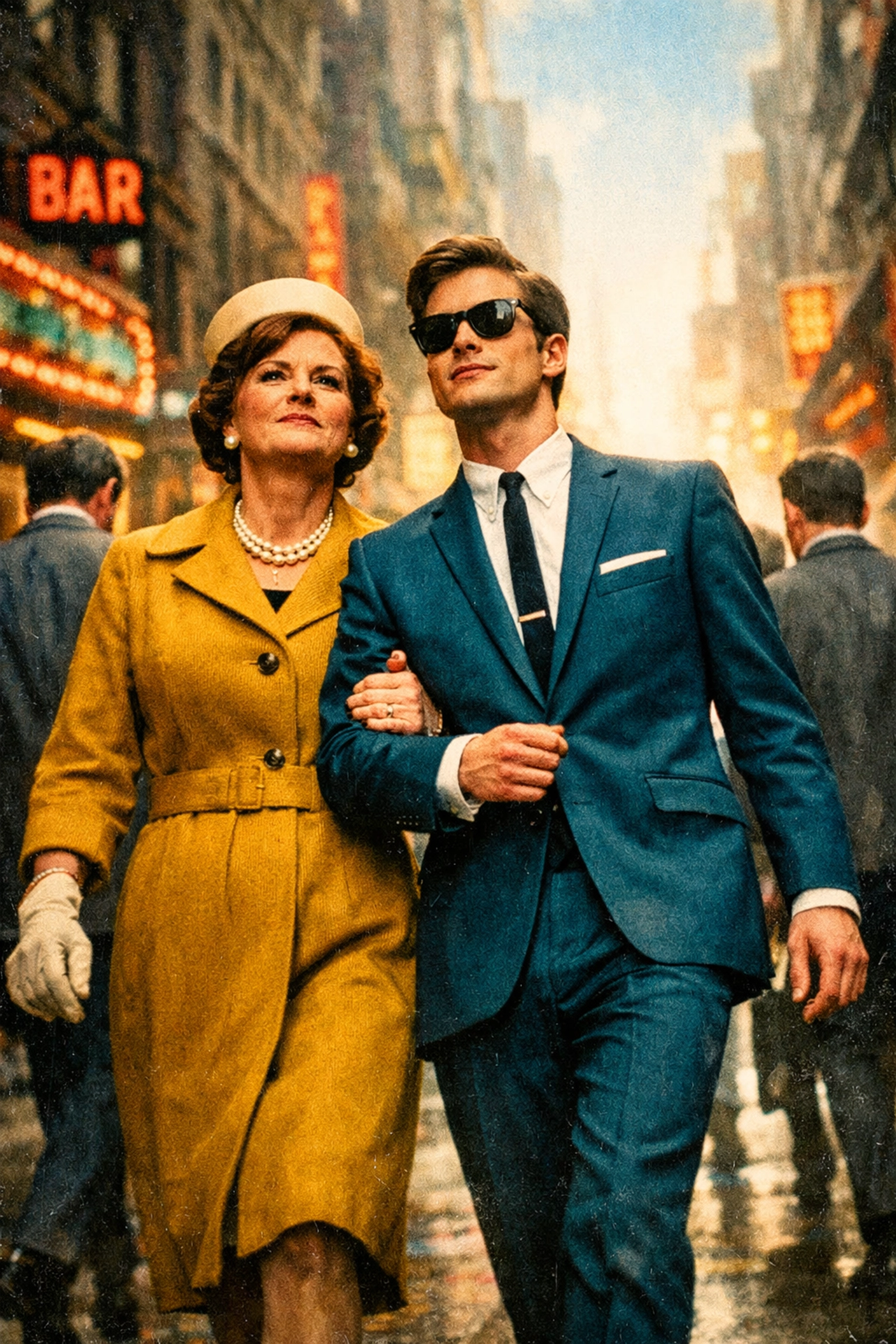 Mother and gay son walking proudly in 1960s fashion, representing early LGBTQ+ pride and maternal support.