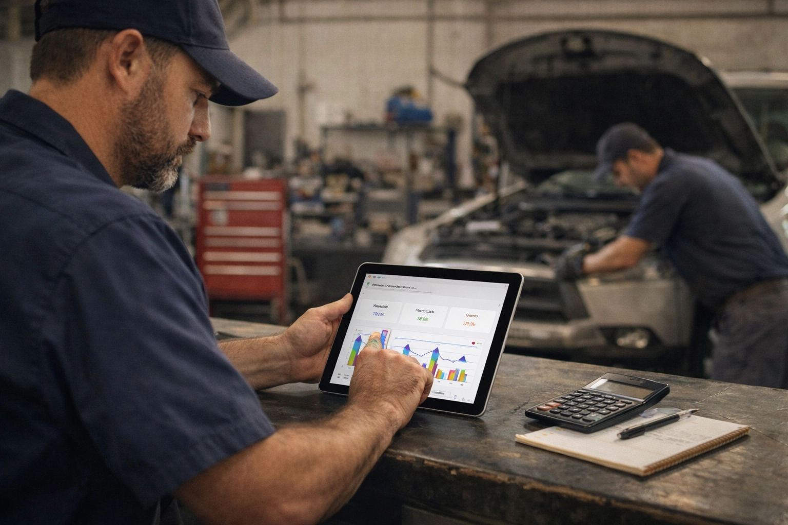 Auto repair shop owner reviewing real Google Ads and call lead performance on a tablet at the service counter in a working garage.