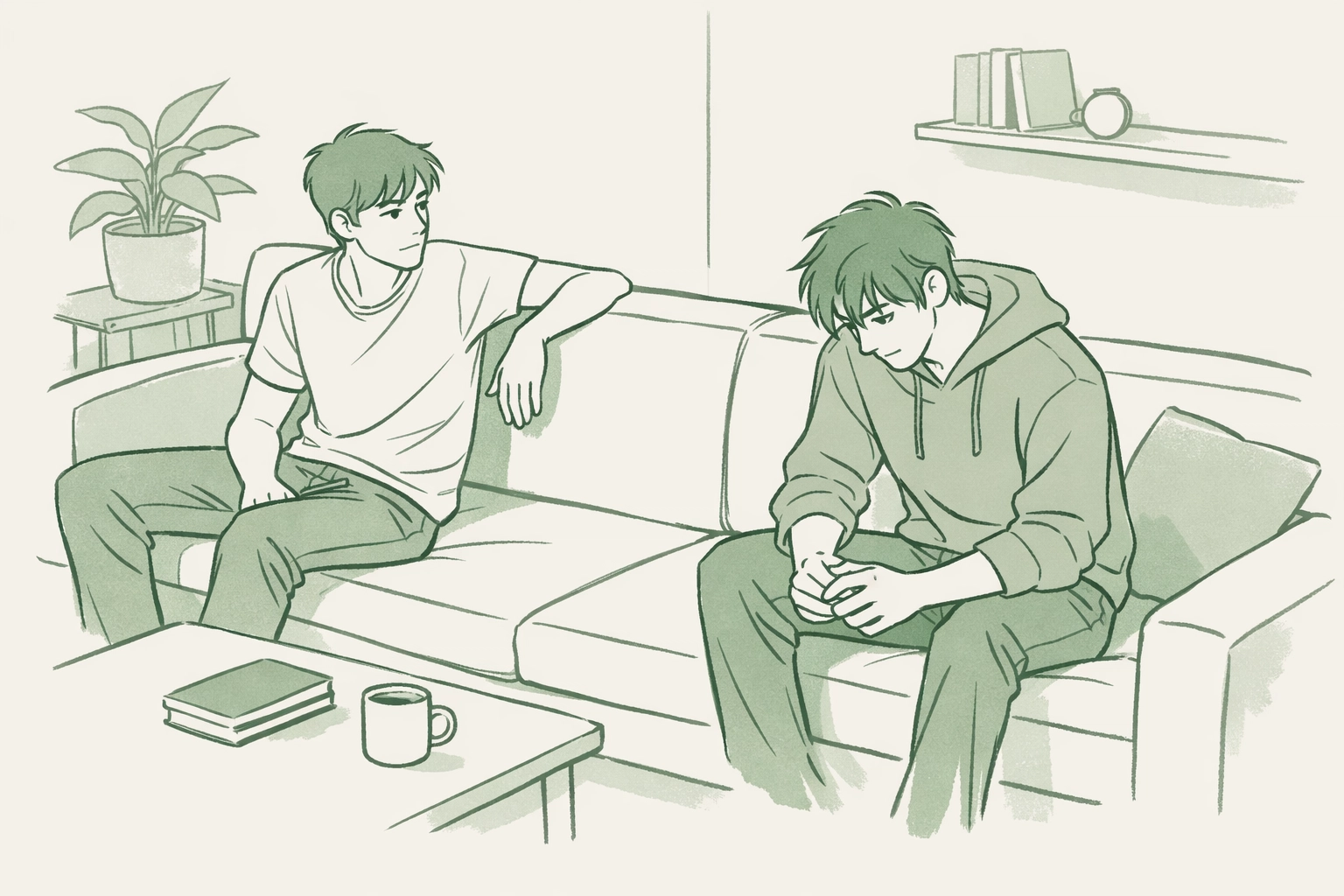 Two men on couch showing unspoken attraction in MM romance bisexual exploration story