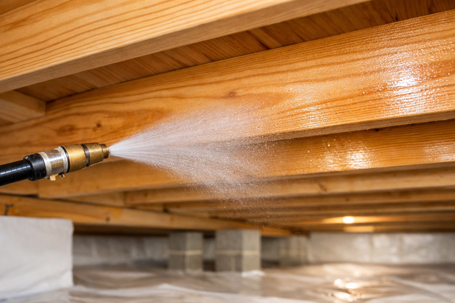 Applying mold-resistant coating to crawlspace joists after mold remediation to prevent regrowth