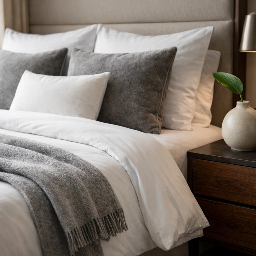 High-end short-term rental bedroom in Vancouver featuring pristine linens and professional asset maintenance standards.