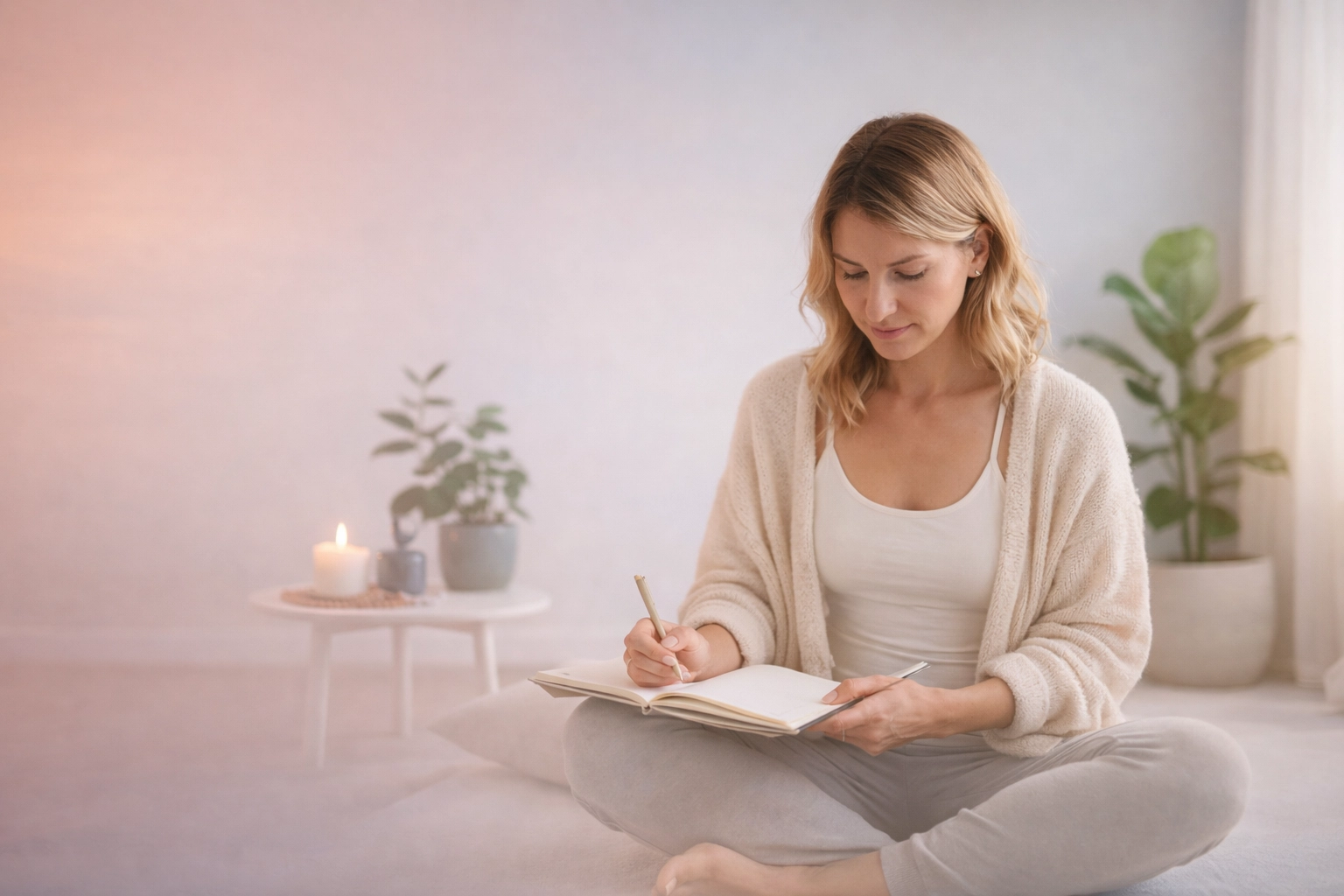 Real woman journaling or meditating in a calm wellness setting, symbolizing mind-body alignment and structured inner work.