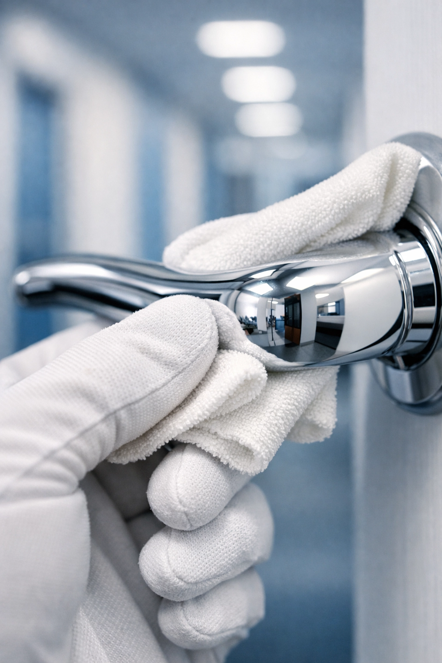Professional hand polishing a chrome door handle, showcasing the detailed office cleaning standards of The Cleaning Ninjas.