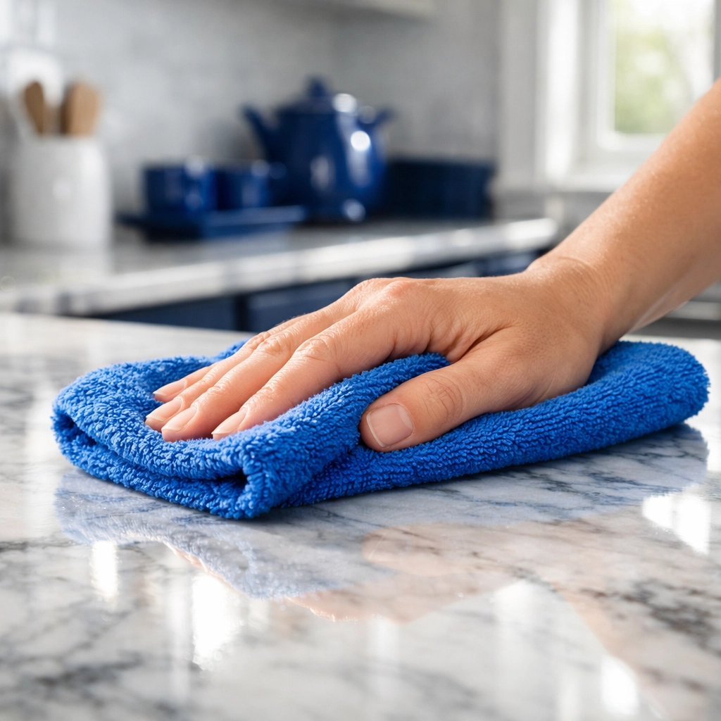 Professional house cleaning Lowell MA using a blue microfiber cloth for a streak-free marble countertop.