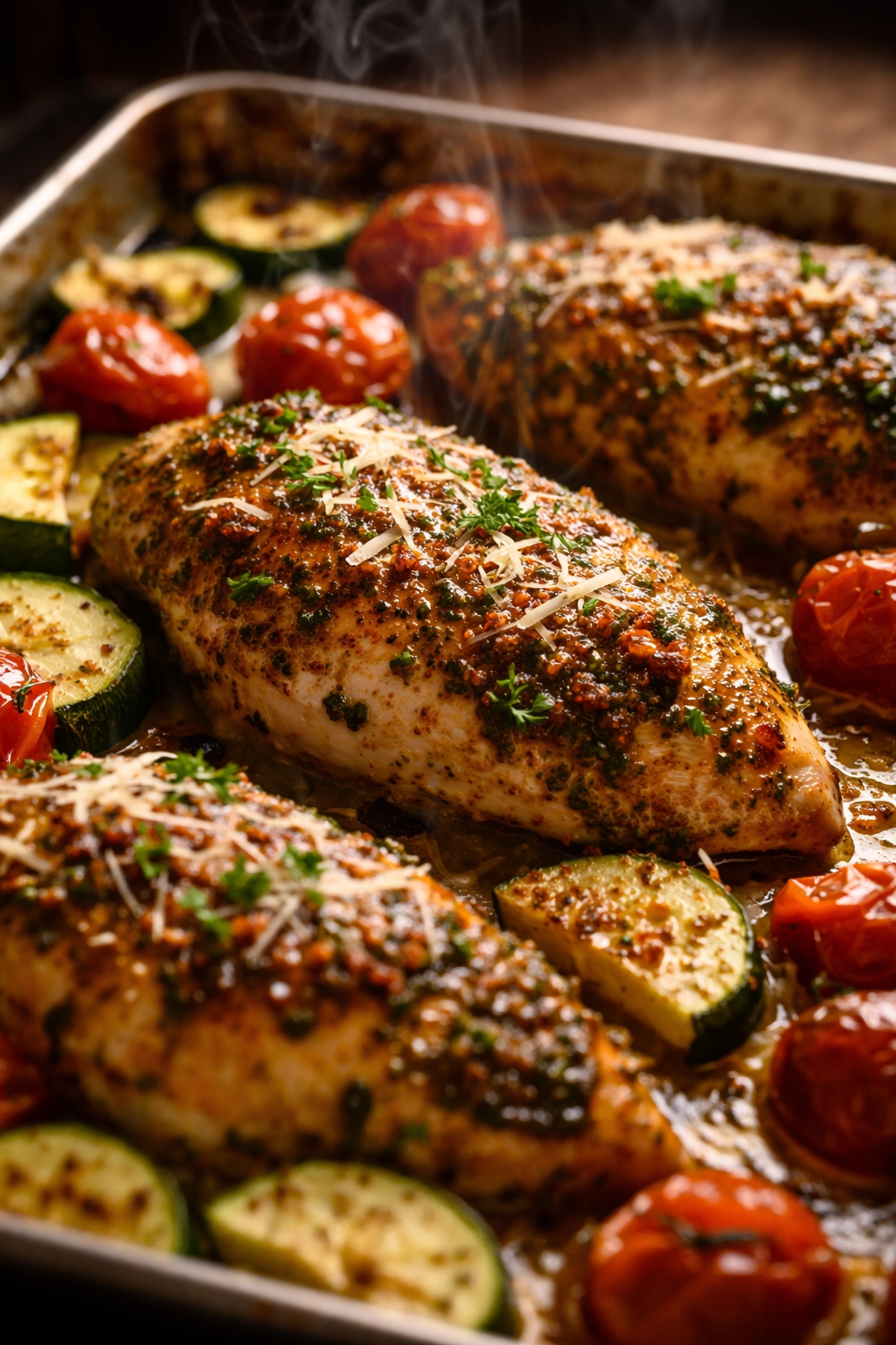 Roasted pesto chicken and tomatoes