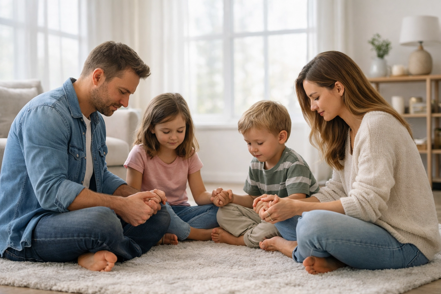 A modern family prays together in a bright living room, yielding to the Holy Spirit's lead.