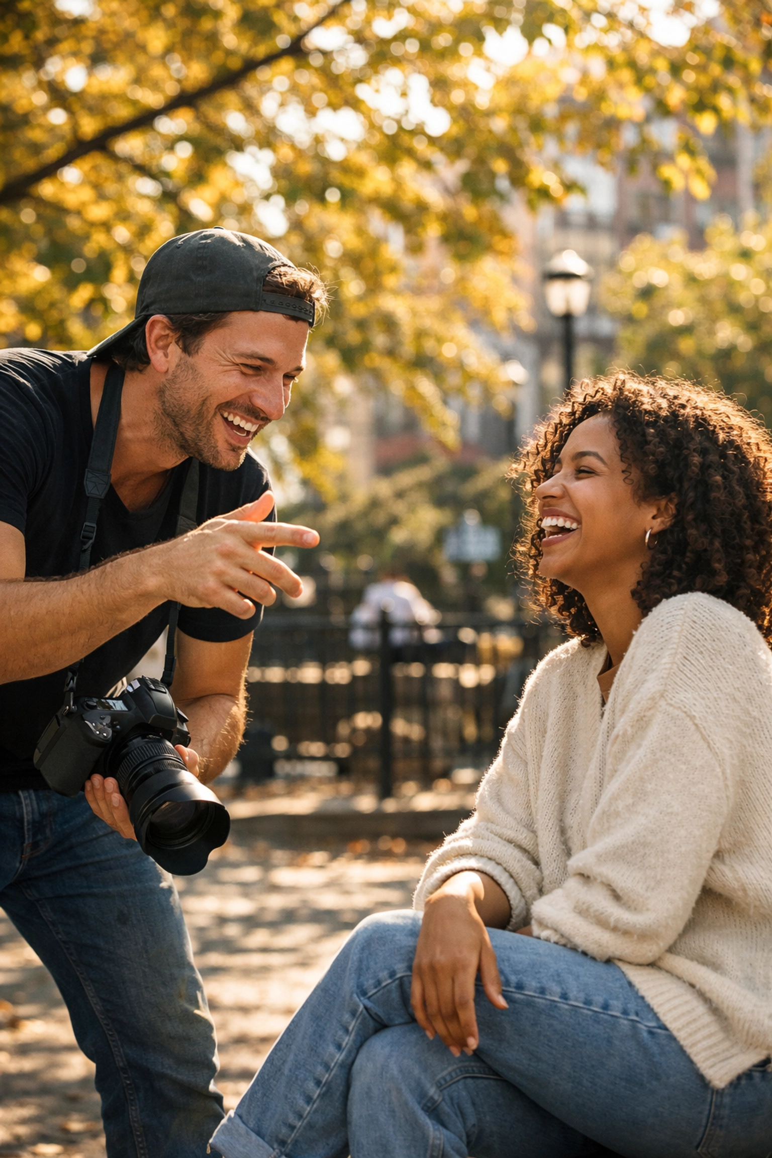 A photographer directing a subject to capture authentic and candid portrait photography moments.