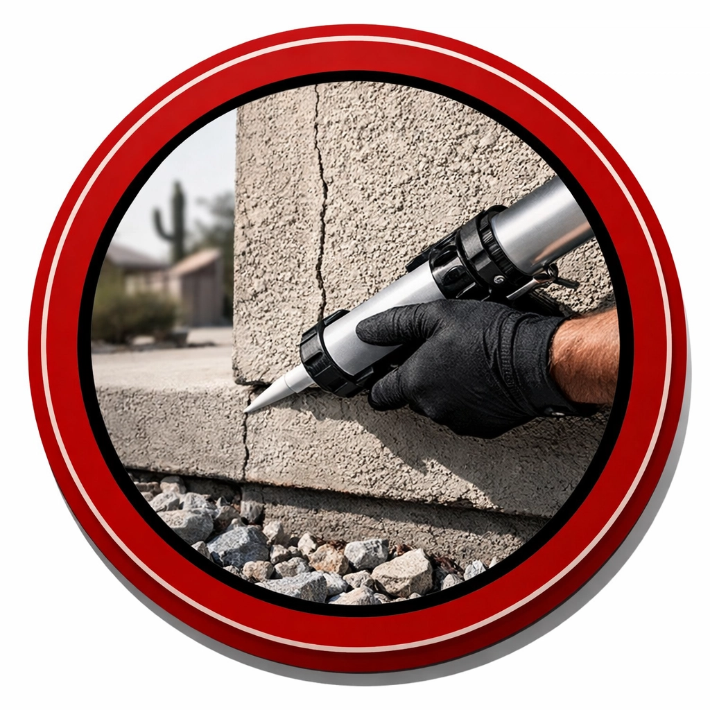 Professional pest control technician sealing foundation cracks in Coolidge AZ to prevent scorpion entry.