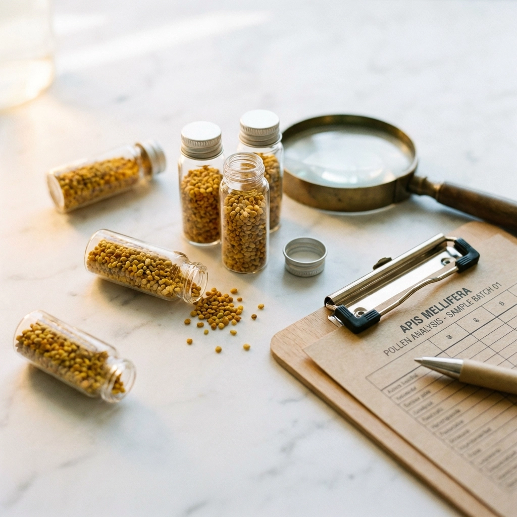 Lab vials with bee pollen samples and clipboard symbolize purity testing