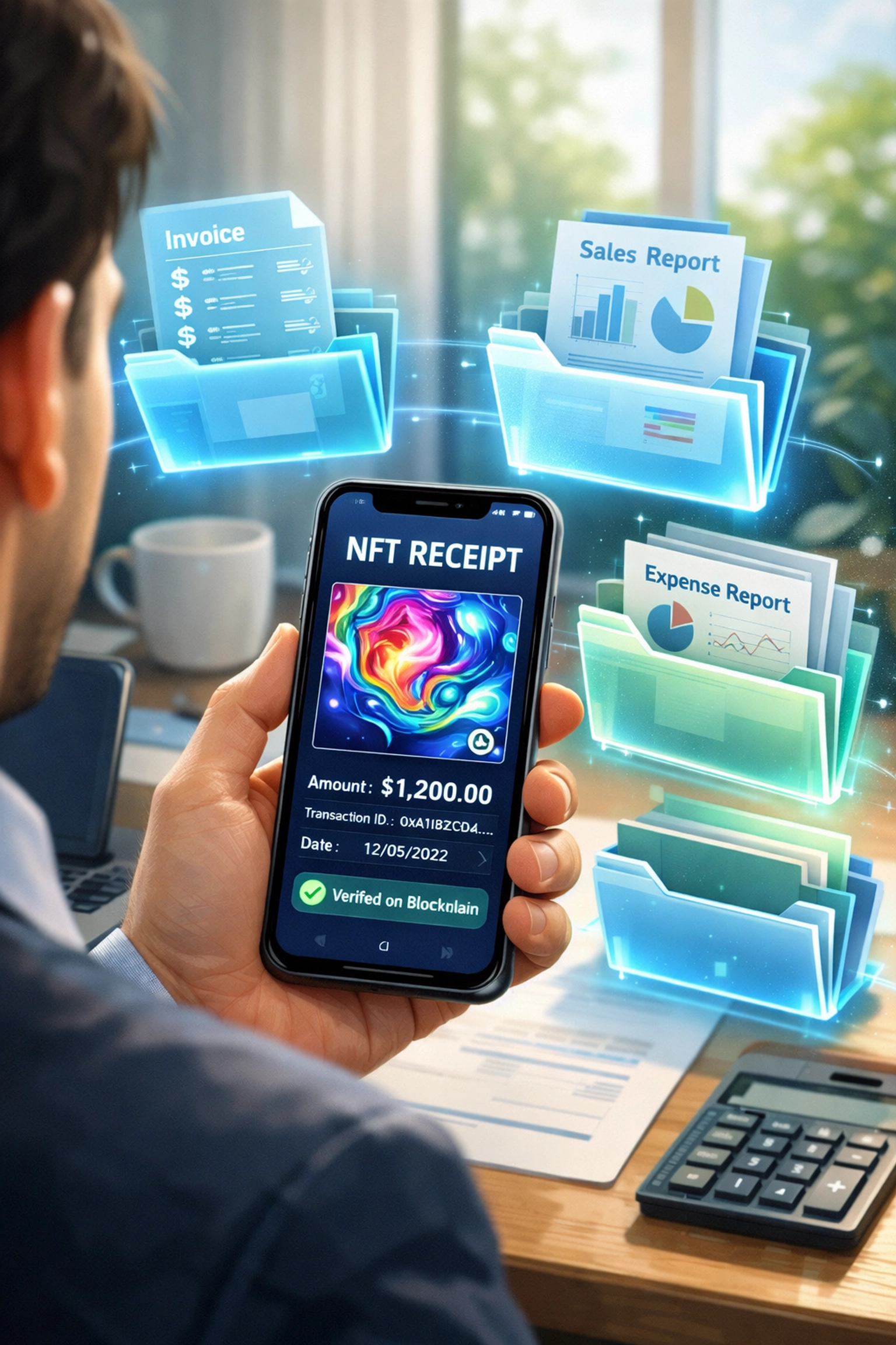 NFT receipt displayed on smartphone with automated accounting documents for crypto transactions