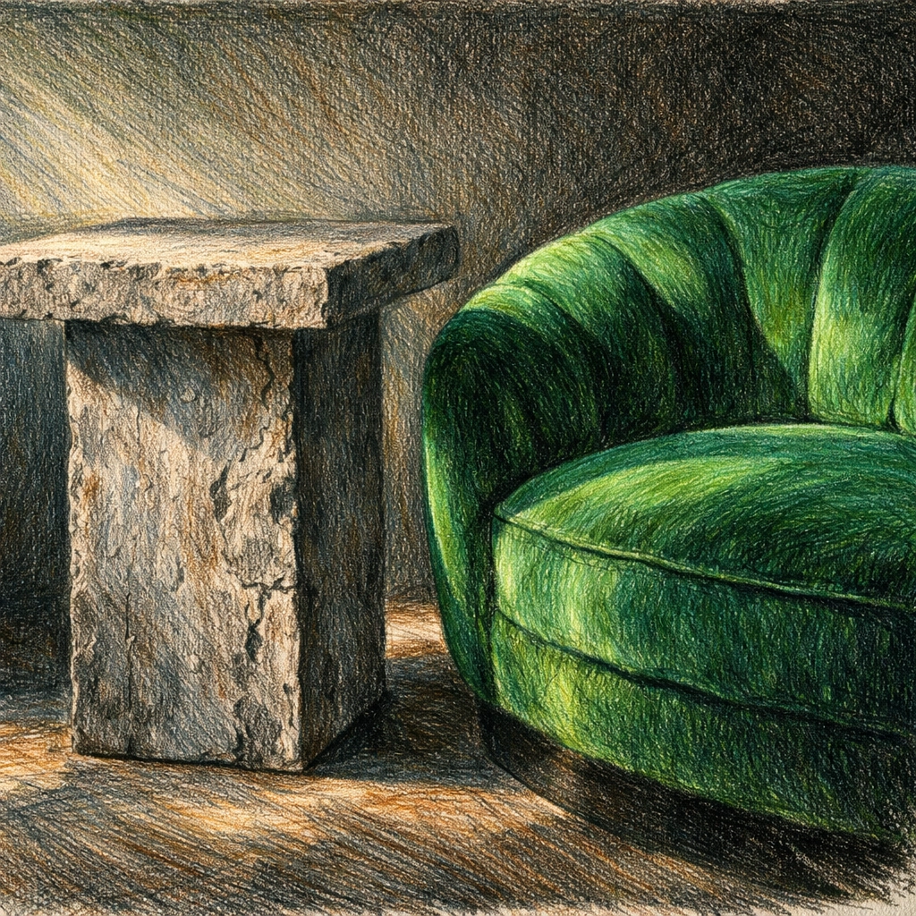 Contrasting concrete table and green velvet armchair illustrating luxury boutique hotel interior design.