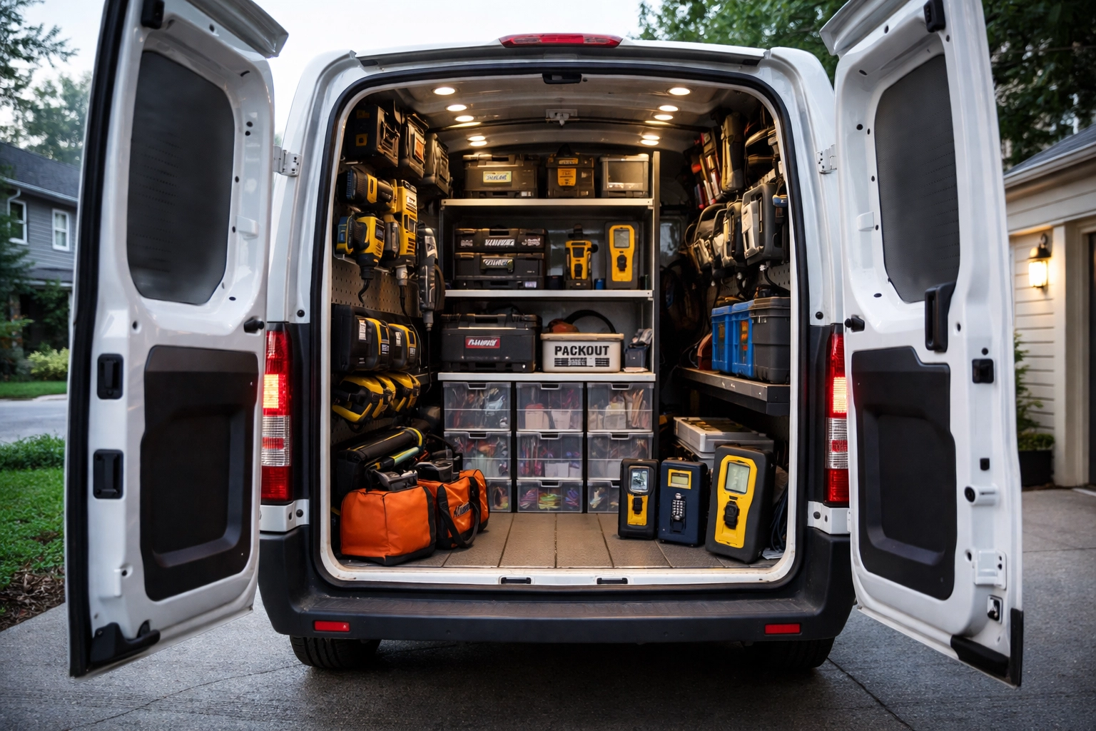 Open contractor work van showing organized tools and equipment, emphasizing mobile asset protection with inland marine insurance.