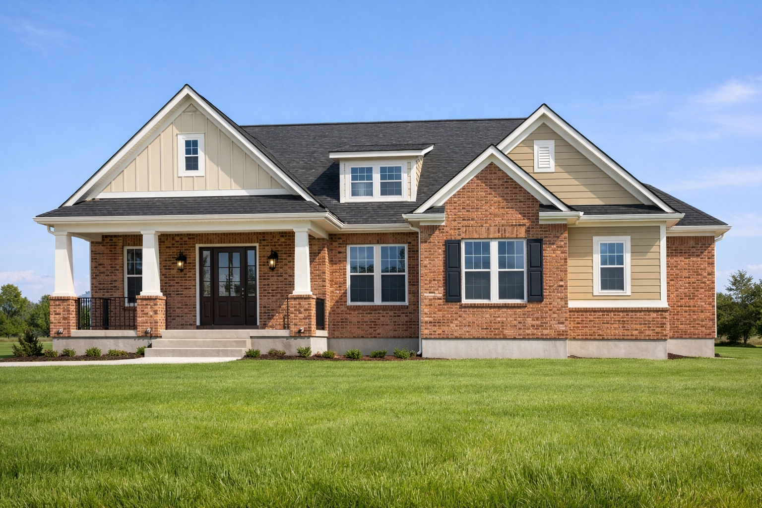 New traditional site-built home with brick exterior and green lawn in Terrell, Texas.