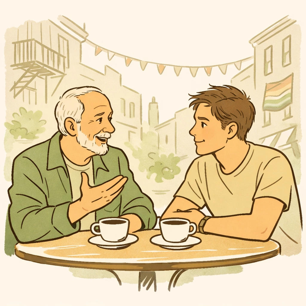 Intergenerational mentorship: older and younger gay men connecting in queer neighborhood cafe
