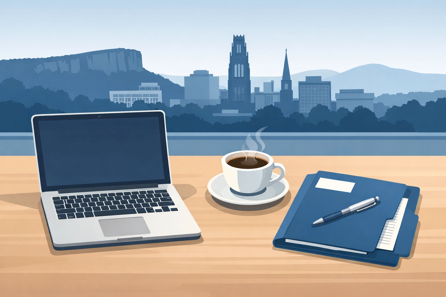 Professional desk setup featuring the New Haven skyline, symbolizing local tax preparation and tax planning expertise.